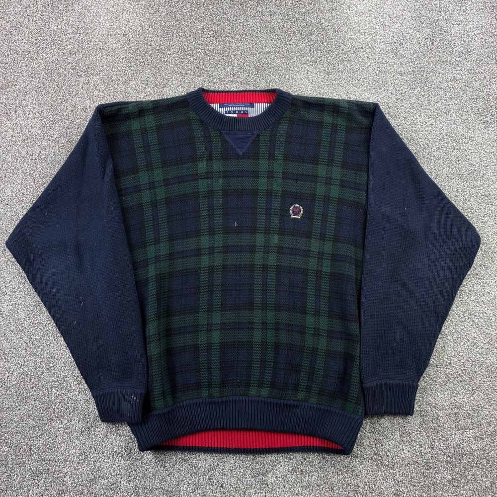 Vintage Tommy Hilfiger Sweater Mens XL Navy Blue Green Plaid Crest Cotton Knit